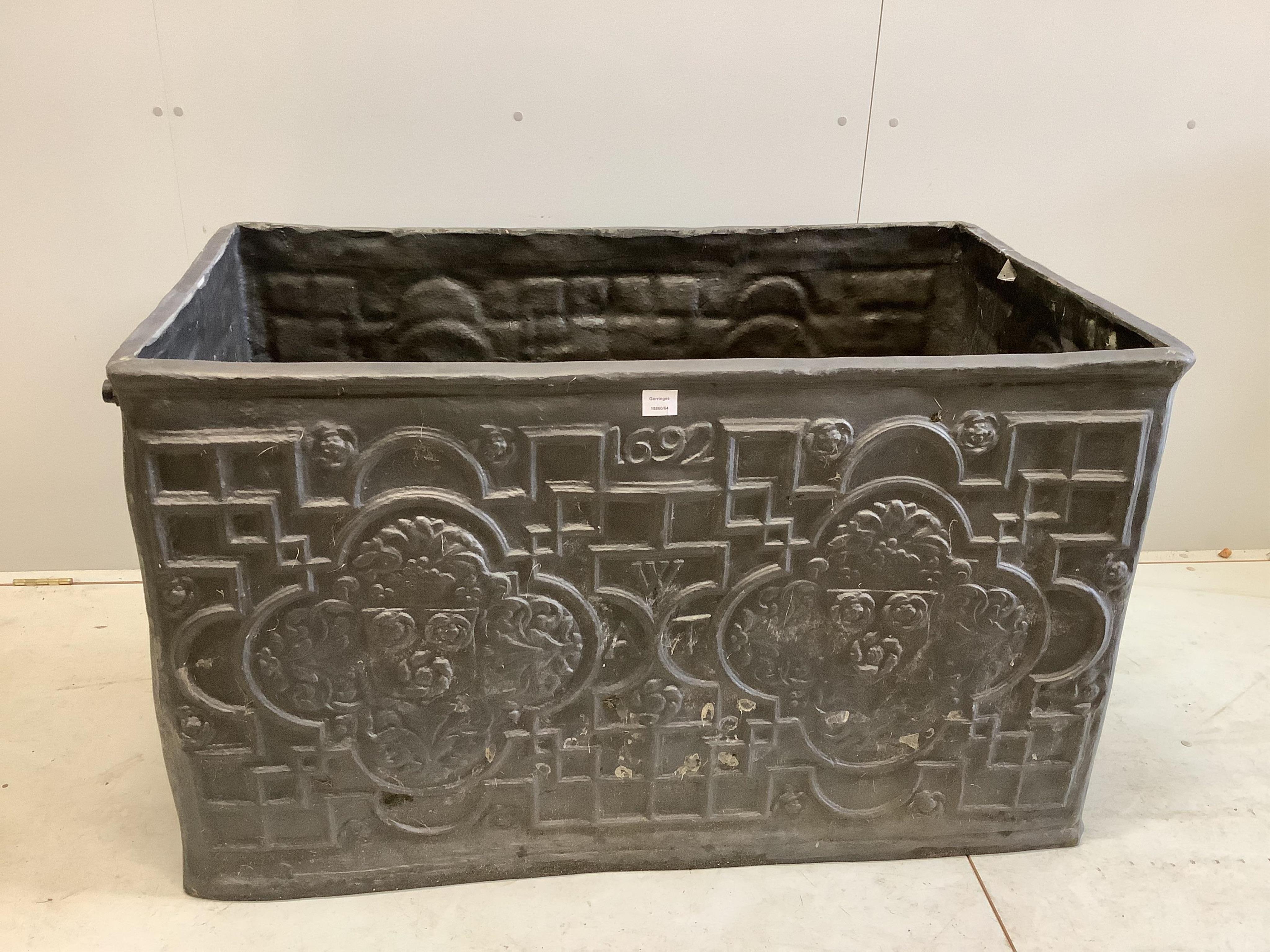 A rectangular faux lead water cistern, width 124cm, depth 71cm, height 74cm. Condition - good